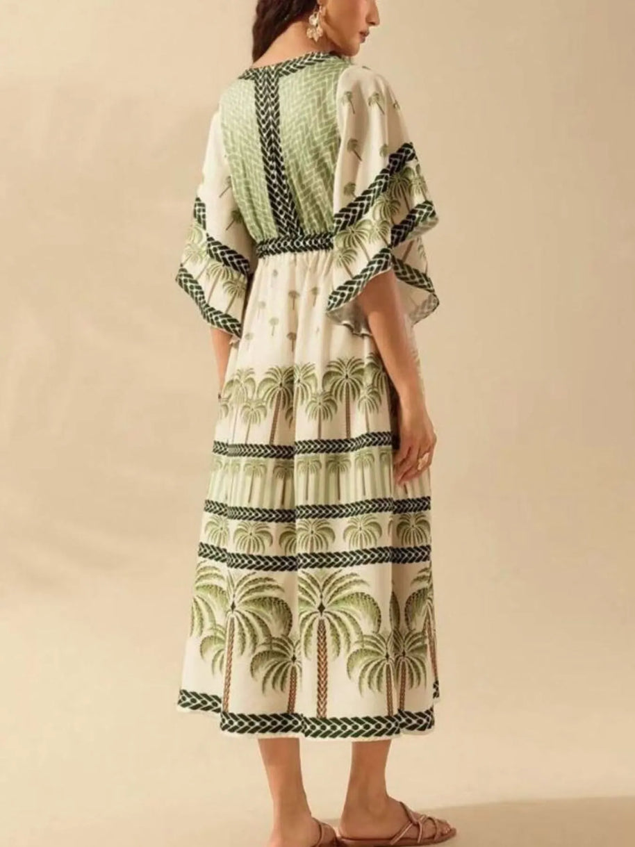 Palm Print V-Neck Midi Dress-Dresses-Trendsi-[option4]-[option5]-[option6]-[option7]-[option8]-Shop-Boutique-Clothing-for-Women-Online
