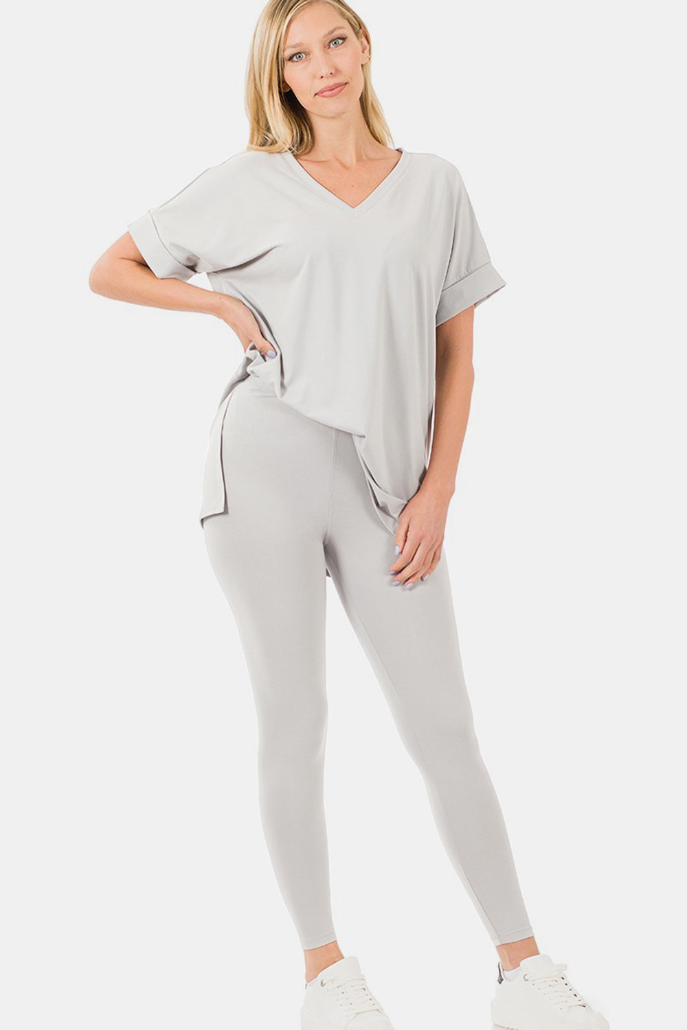 Zenana V-Neck Rolled Short Sleeve T-Shirt and Leggings Lounge Set-Trendsi-[option4]-[option5]-[option6]-[option7]-[option8]-Shop-Boutique-Clothing-for-Women-Online