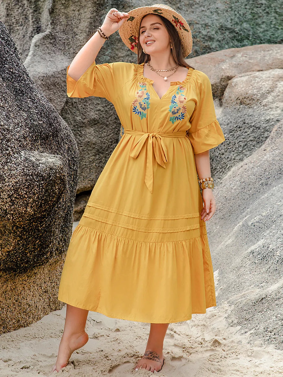 Plus Size Notched Tie Waist Half Sleeve Midi Dress-Dresses-Trendsi-[option4]-[option5]-[option6]-[option7]-[option8]-Shop-Boutique-Clothing-for-Women-Online