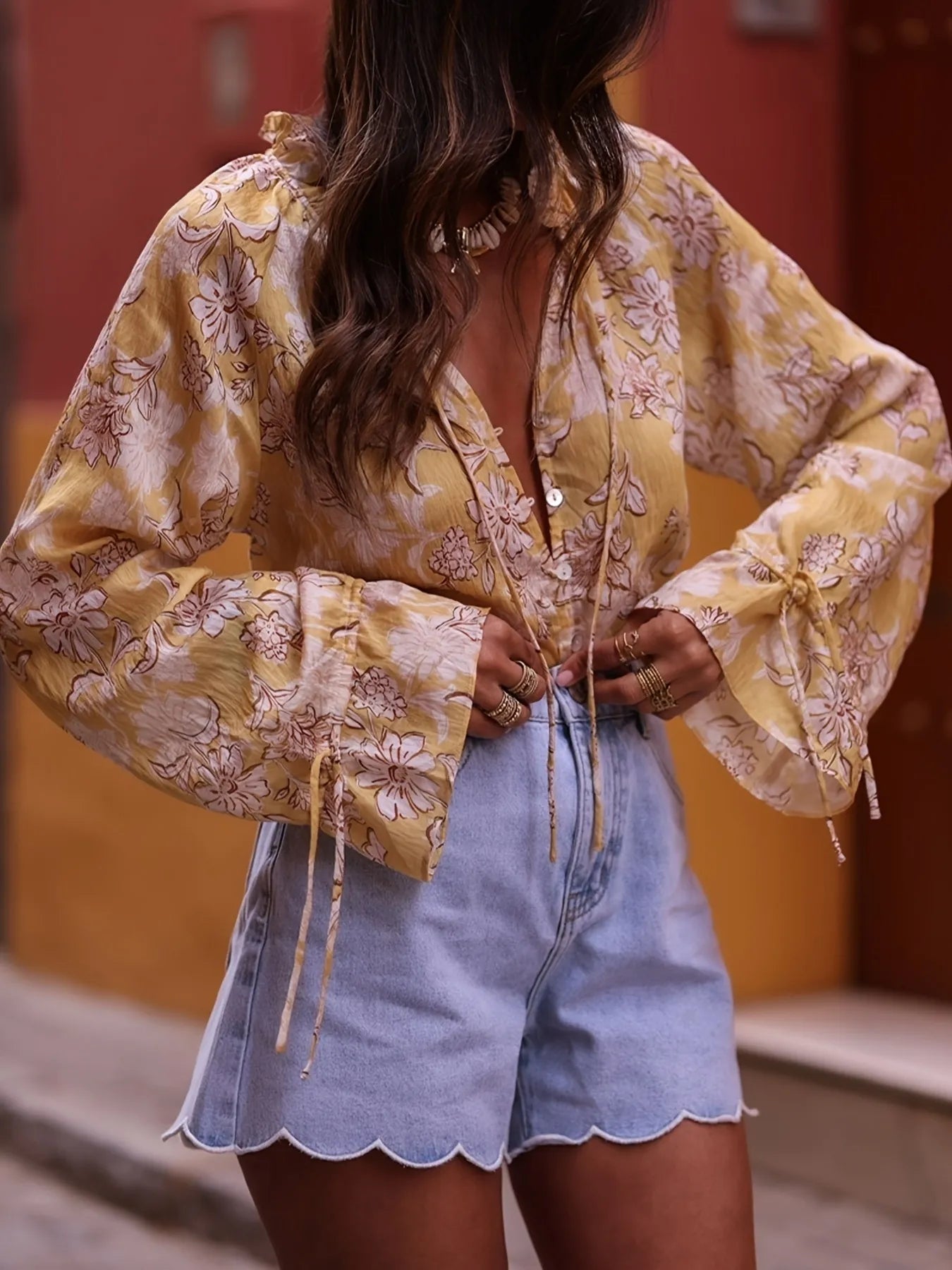 Printed Tie Neck Flounce Sleeve Blouse-Tops-Trendsi-[option4]-[option5]-[option6]-[option7]-[option8]-Shop-Boutique-Clothing-for-Women-Online