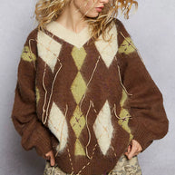 POL V-Neck Argyle Pattern Mohair Sweater with Contrast Exposed Stitch Detail-sweater-Trendsi-[option4]-[option5]-[option6]-[option7]-[option8]-Shop-Boutique-Clothing-for-Women-Online