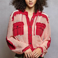 POL Texture Woven Button Down Hooded Shirt with Drawstring Hem-Shirts-Trendsi-[option4]-[option5]-[option6]-[option7]-[option8]-Shop-Boutique-Clothing-for-Women-Online