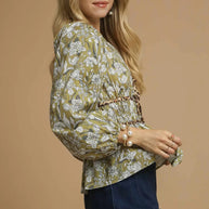 Umgee Floral Smocked Peplum Blouse with Tie Detail-Tops-Trendsi-[option4]-[option5]-[option6]-[option7]-[option8]-Shop-Boutique-Clothing-for-Women-Online