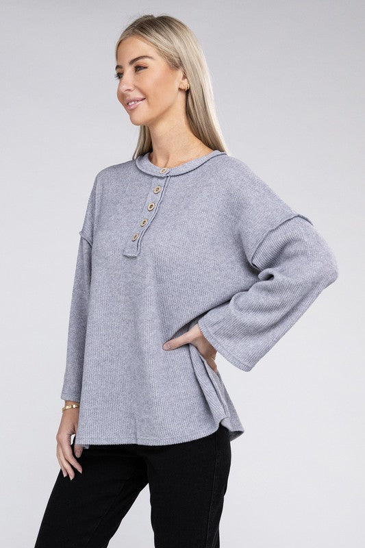 Zenana Ribbed Brushed Melange Hacci Henley Sweater-ZENANA-[option4]-[option5]-[option6]-[option7]-[option8]-Shop-Boutique-Clothing-for-Women-Online