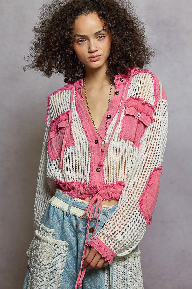 POL Texture Woven Button Down Hooded Shirt with Drawstring Hem-Shirts-Trendsi-[option4]-[option5]-[option6]-[option7]-[option8]-Shop-Boutique-Clothing-for-Women-Online