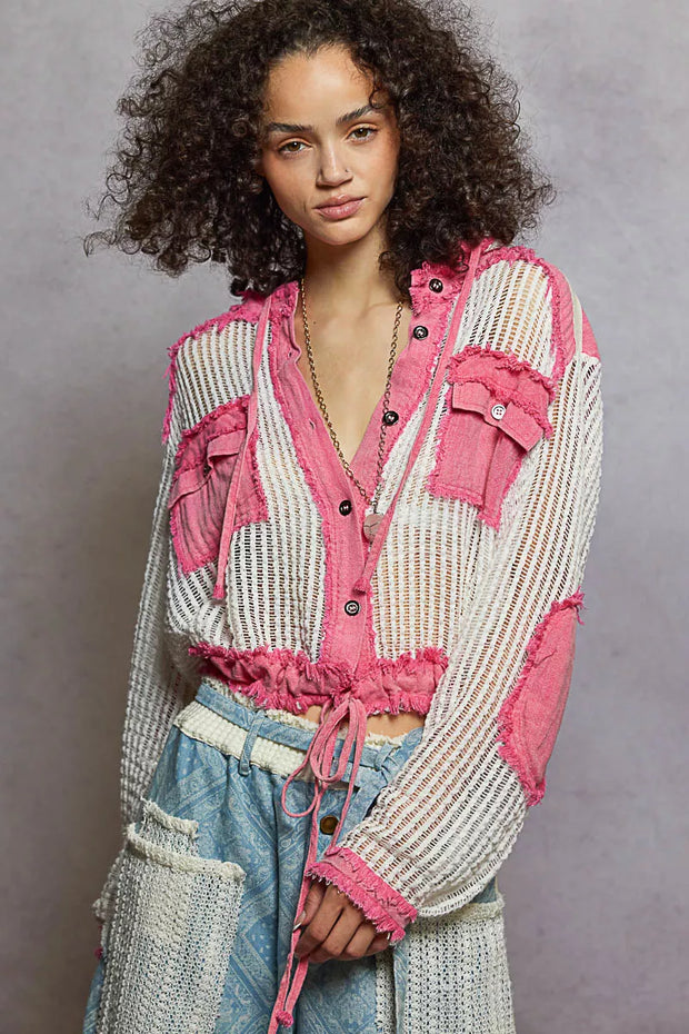 POL Texture Woven Button Down Hooded Shirt with Drawstring Hem-Shirts-Trendsi-[option4]-[option5]-[option6]-[option7]-[option8]-Shop-Boutique-Clothing-for-Women-Online