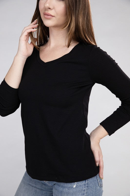 Zenana Cotton V-Neck Long Sleeve T-Shirt-ZENANA-[option4]-[option5]-[option6]-[option7]-[option8]-Shop-Boutique-Clothing-for-Women-Online