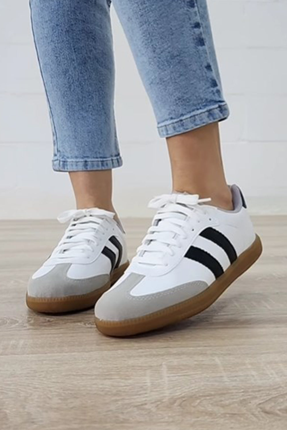 Striped Lace Up Flat Sneakers-Sneakers-Shewin-[option4]-[option5]-[option6]-[option7]-[option8]-Shop-Boutique-Clothing-for-Women-Online