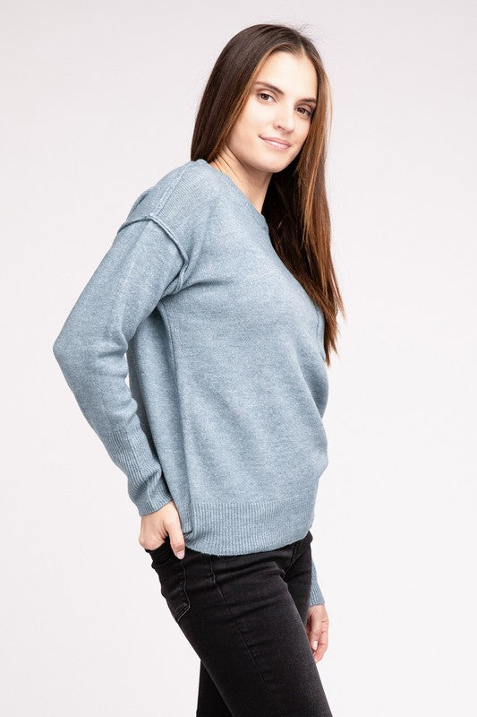 Zenana MELANGE HI-LOW HEM ROUND NECK SWEATER-ZENANA-[option4]-[option5]-[option6]-[option7]-[option8]-Shop-Boutique-Clothing-for-Women-Online