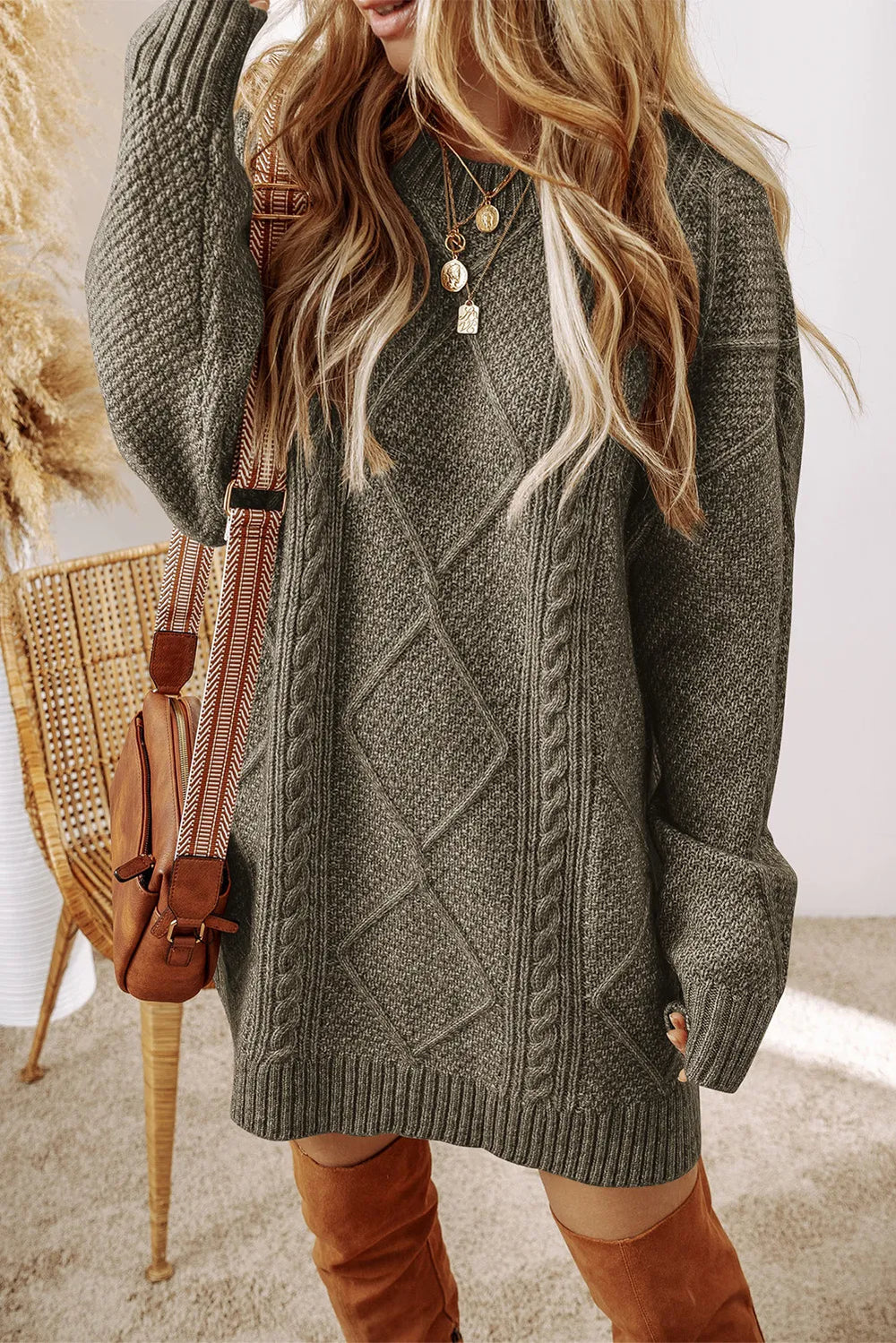 Cable-Knit Round Neck Sweater Dress-Trendsi-Sage-S-[option4]-[option5]-[option6]-[option7]-[option8]-Shop-Boutique-Clothing-for-Women-Online