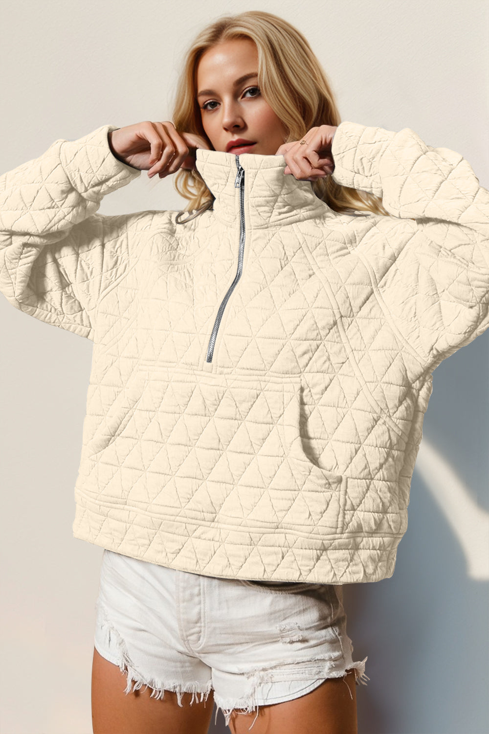 Double Take Half Zip Long Sleeve Quilted Sweatshirt with Pocket-Trendsi-Cream-S-[option4]-[option5]-[option6]-[option7]-[option8]-Shop-Boutique-Clothing-for-Women-Online