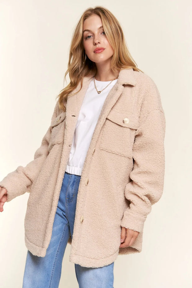 And The Why Teddy Sherpa Button Down Curved Hem Shacket-Womens Outerwear/Shacket-Trendsi-[option4]-[option5]-[option6]-[option7]-[option8]-Shop-Boutique-Clothing-for-Women-Online