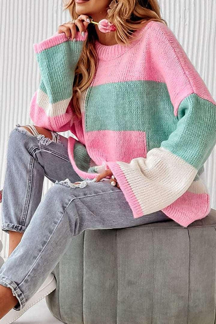 Color Block Round Neck Drop Shoulder Sweater-Trendsi-[option4]-[option5]-[option6]-[option7]-[option8]-Shop-Boutique-Clothing-for-Women-Online