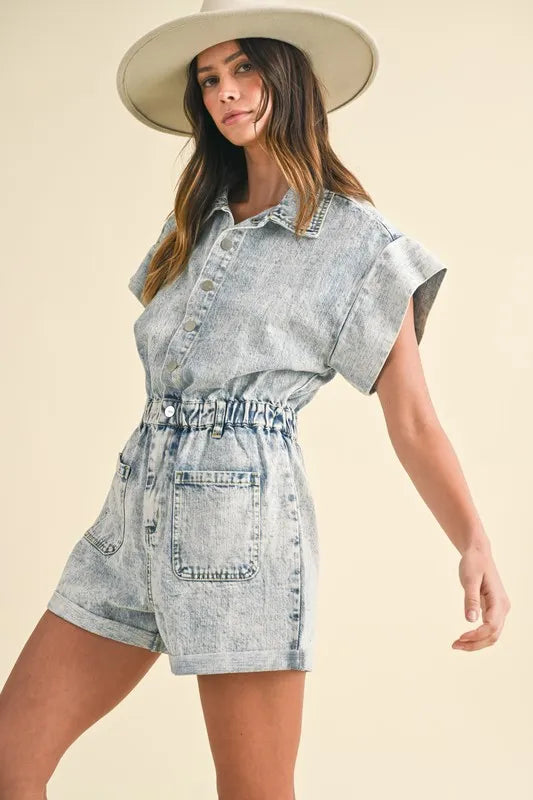 Annie Wear Elastic Waistband Short Sleeve Denim Romper-Rompers-Trendsi-[option4]-[option5]-[option6]-[option7]-[option8]-Shop-Boutique-Clothing-for-Women-Online
