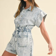 Annie Wear Elastic Waistband Short Sleeve Denim Romper-Rompers-Trendsi-[option4]-[option5]-[option6]-[option7]-[option8]-Shop-Boutique-Clothing-for-Women-Online