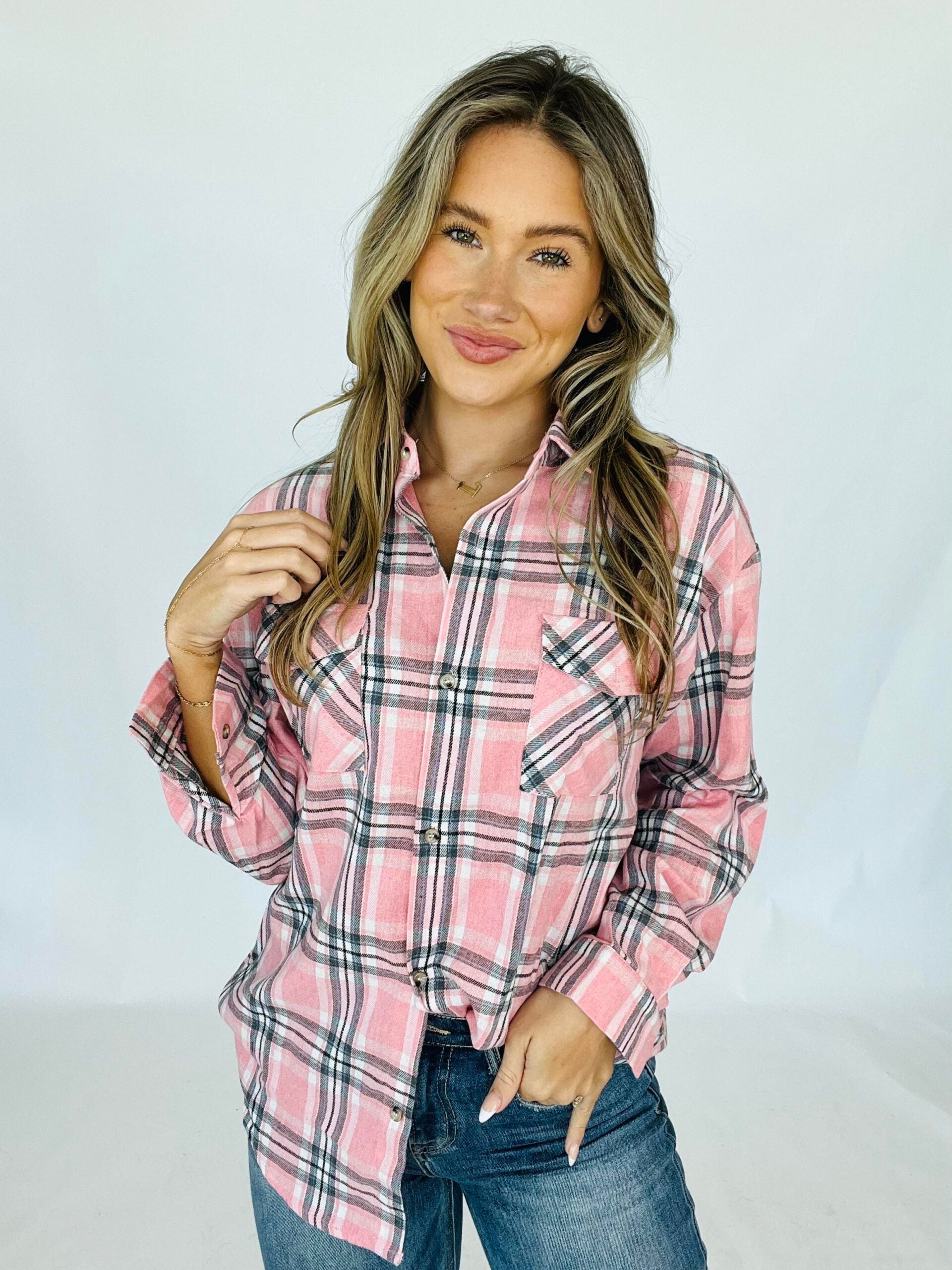 Pink flannel shirt womens best sale