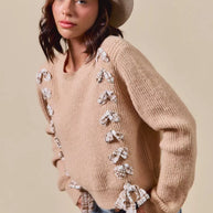 SO ME Checkered Plaid Tape Lace Up Ribbed Sweater-Sweaters-Trendsi-[option4]-[option5]-[option6]-[option7]-[option8]-Shop-Boutique-Clothing-for-Women-Online