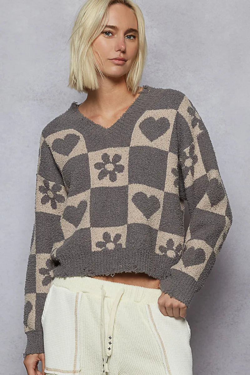 POL V-Neck Heart Pattern Checkered Sweater-Sweaters-Trendsi-[option4]-[option5]-[option6]-[option7]-[option8]-Shop-Boutique-Clothing-for-Women-Online