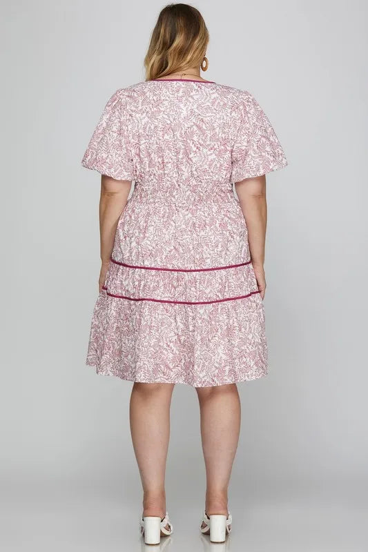 She + Sky Full Size Printed V-Neck Puff Sleeve Tiered Dress-Dresses-Trendsi-[option4]-[option5]-[option6]-[option7]-[option8]-Shop-Boutique-Clothing-for-Women-Online