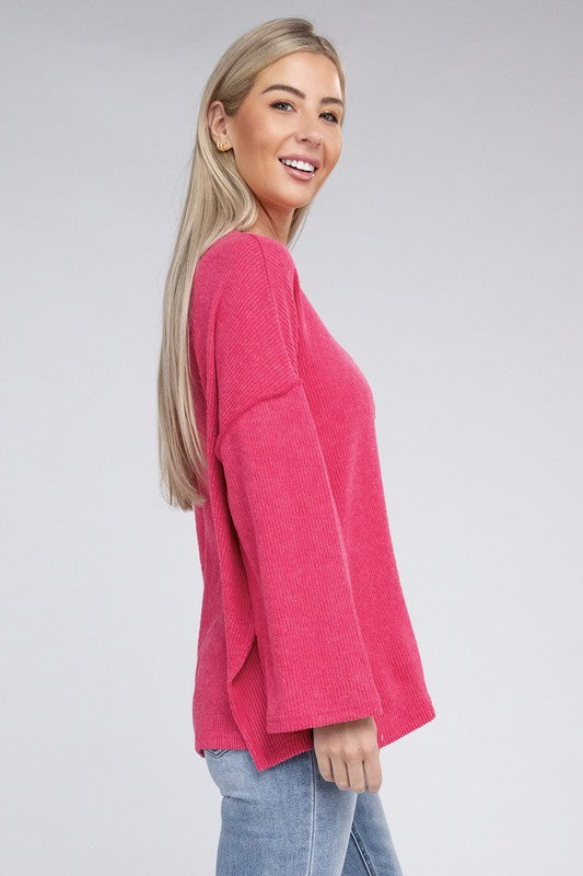 Zenana Ribbed Brushed Melange Hacci Henley Sweater-ZENANA-[option4]-[option5]-[option6]-[option7]-[option8]-Shop-Boutique-Clothing-for-Women-Online