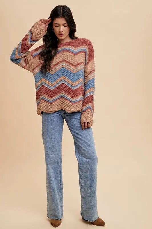Annie Wear Multi Color Zig-Zag Round Neck Sweater-Sweaters-Trendsi-[option4]-[option5]-[option6]-[option7]-[option8]-Shop-Boutique-Clothing-for-Women-Online