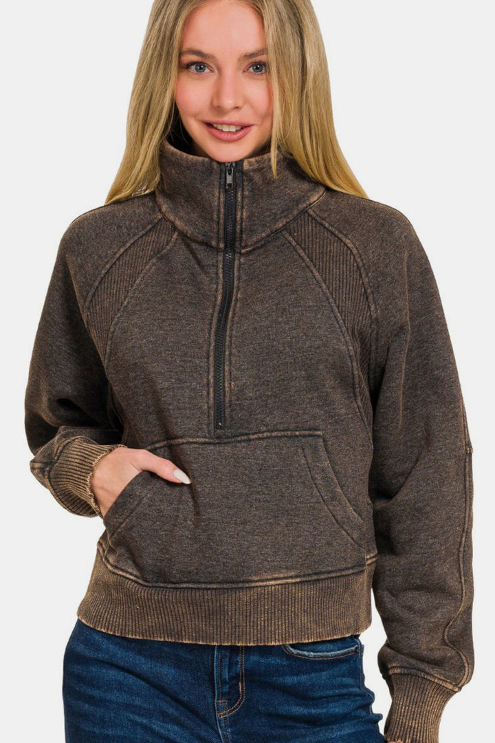 Zenana Acid Washed Half Zip Fleece Sweatshirt-Trendsi-Ash Black-S-[option4]-[option5]-[option6]-[option7]-[option8]-Shop-Boutique-Clothing-for-Women-Online