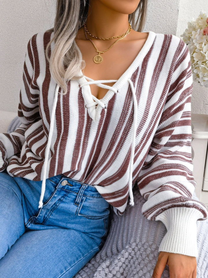 Striped Lace-Up Long Sleeve Sweater-Trendsi-[option4]-[option5]-[option6]-[option7]-[option8]-Shop-Boutique-Clothing-for-Women-Online