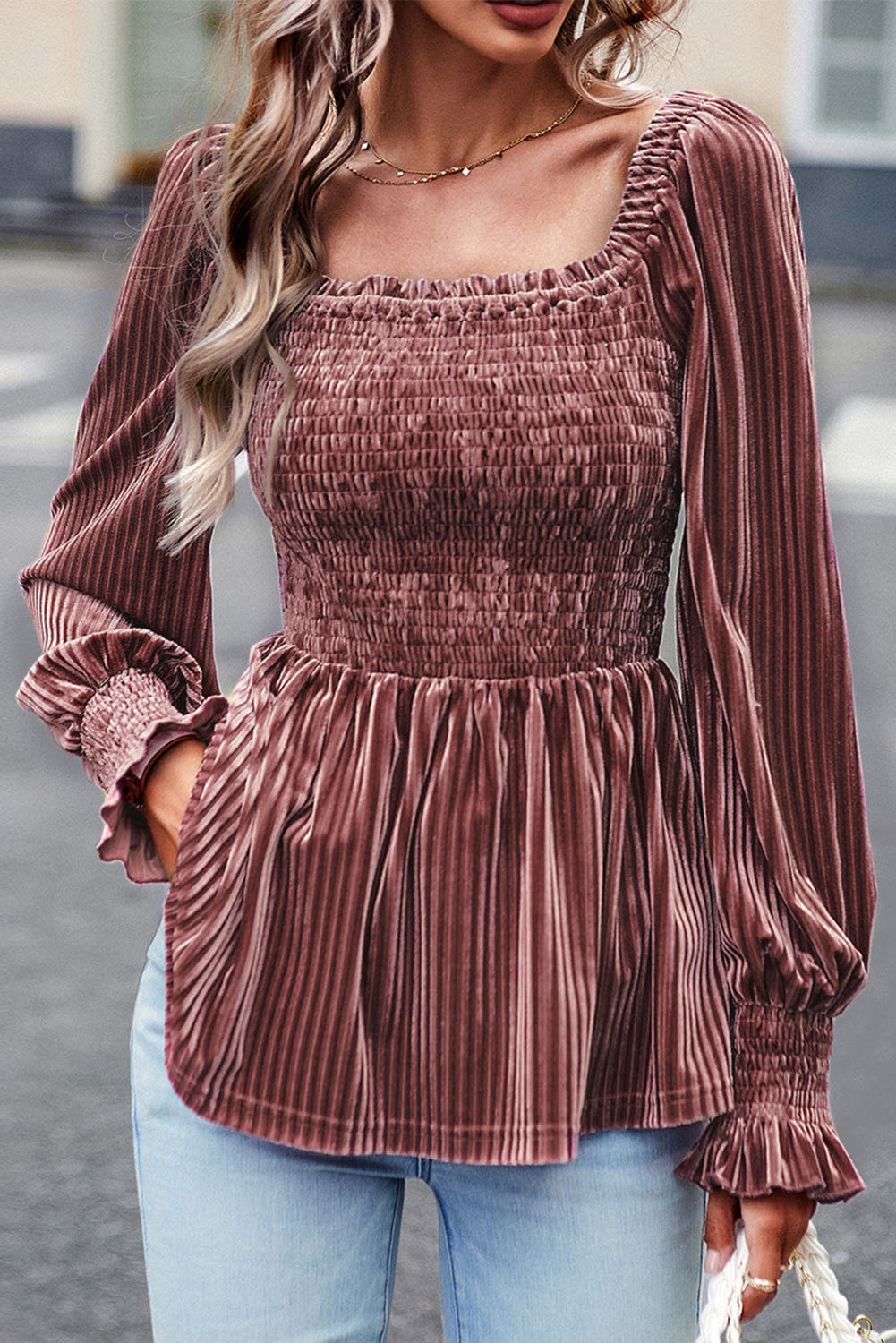 Smocked Ribbed Velvet Babydoll Top-Trendsi-Dusty Pink-S-[option4]-[option5]-[option6]-[option7]-[option8]-Shop-Boutique-Clothing-for-Women-Online