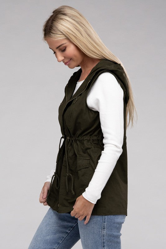 Zenana Drawstring Waist Military Hoodie Vest-ZENANA-[option4]-[option5]-[option6]-[option7]-[option8]-Shop-Boutique-Clothing-for-Women-Online