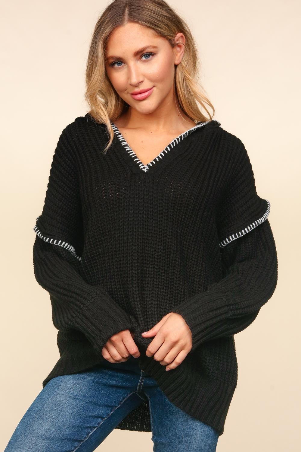 Notched Neck Long Sleeve Hooded Pullover-Womens-Ave Shops-[option4]-[option5]-[option6]-[option7]-[option8]-Shop-Boutique-Clothing-for-Women-Online