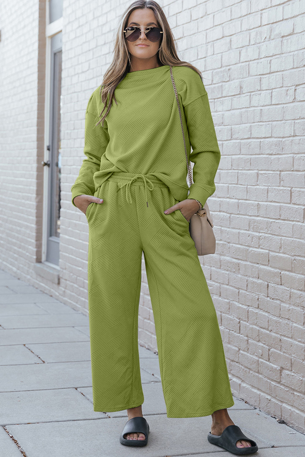 Double Take Textured Long Sleeve Top and Drawstring Pants Set-Trendsi-Chartreuse-XL-[option4]-[option5]-[option6]-[option7]-[option8]-Shop-Boutique-Clothing-for-Women-Online