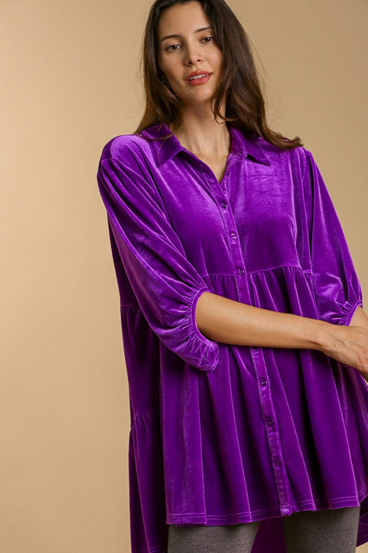 Umgee Button Down Tiered Back High Low Shirt-Trendsi-Violet-S-[option4]-[option5]-[option6]-[option7]-[option8]-Shop-Boutique-Clothing-for-Women-Online