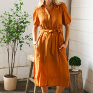 Elegant You Rust Textured Short Sleeve Tie Belt Dress-And The Why-[option4]-[option5]-[option6]-[option7]-[option8]-Shop-Boutique-Clothing-for-Women-Online
