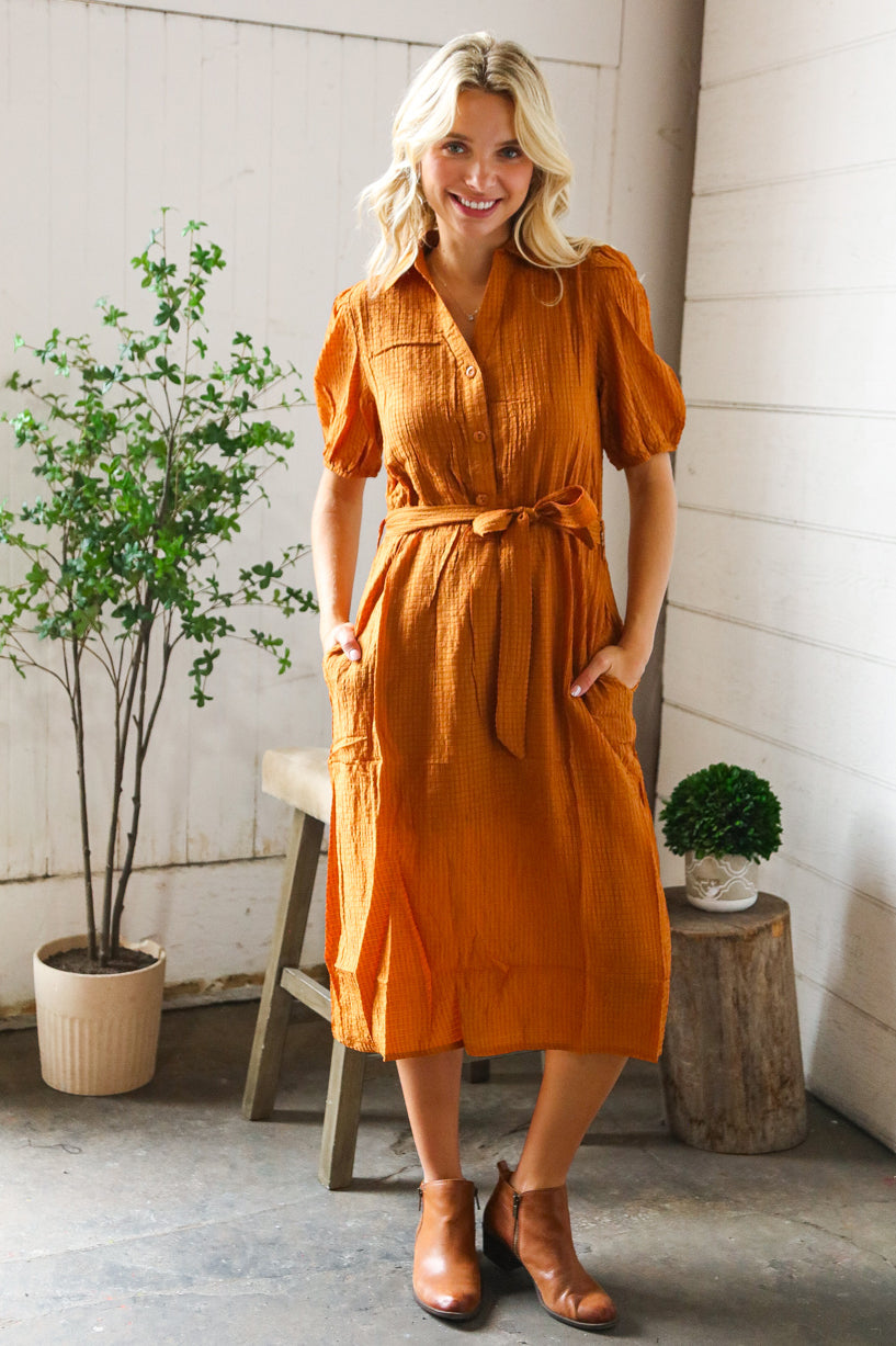 Elegant You Rust Textured Short Sleeve Tie Belt Dress-And The Why-[option4]-[option5]-[option6]-[option7]-[option8]-Shop-Boutique-Clothing-for-Women-Online