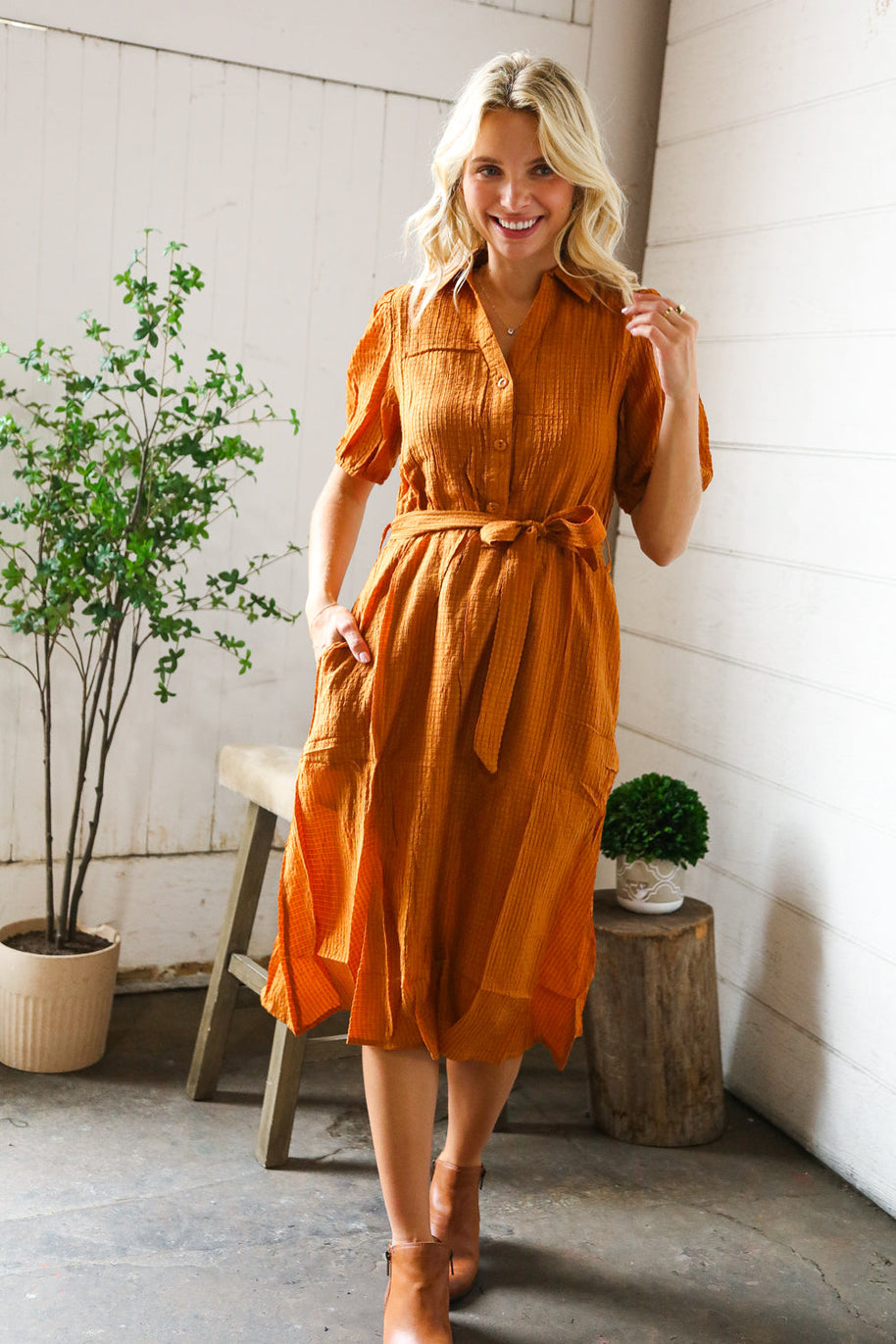 Elegant You Rust Textured Short Sleeve Tie Belt Dress-And The Why-[option4]-[option5]-[option6]-[option7]-[option8]-Shop-Boutique-Clothing-for-Women-Online