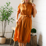 Elegant You Rust Textured Short Sleeve Tie Belt Dress-And The Why-[option4]-[option5]-[option6]-[option7]-[option8]-Shop-Boutique-Clothing-for-Women-Online