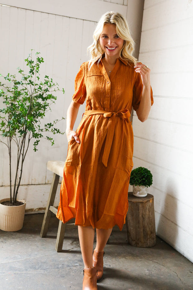 Elegant You Rust Textured Short Sleeve Tie Belt Dress-And The Why-[option4]-[option5]-[option6]-[option7]-[option8]-Shop-Boutique-Clothing-for-Women-Online
