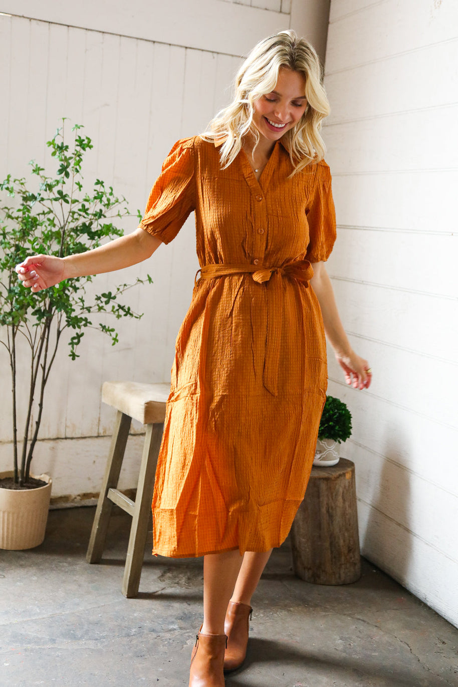 Elegant You Rust Textured Short Sleeve Tie Belt Dress-And The Why-[option4]-[option5]-[option6]-[option7]-[option8]-Shop-Boutique-Clothing-for-Women-Online