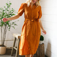 Elegant You Rust Textured Short Sleeve Tie Belt Dress-And The Why-[option4]-[option5]-[option6]-[option7]-[option8]-Shop-Boutique-Clothing-for-Women-Online