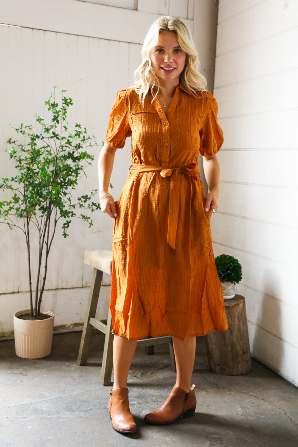 Elegant You Rust Textured Short Sleeve Tie Belt Dress-And The Why-[option4]-[option5]-[option6]-[option7]-[option8]-Shop-Boutique-Clothing-for-Women-Online