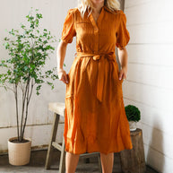 Elegant You Rust Textured Short Sleeve Tie Belt Dress-And The Why-[option4]-[option5]-[option6]-[option7]-[option8]-Shop-Boutique-Clothing-for-Women-Online