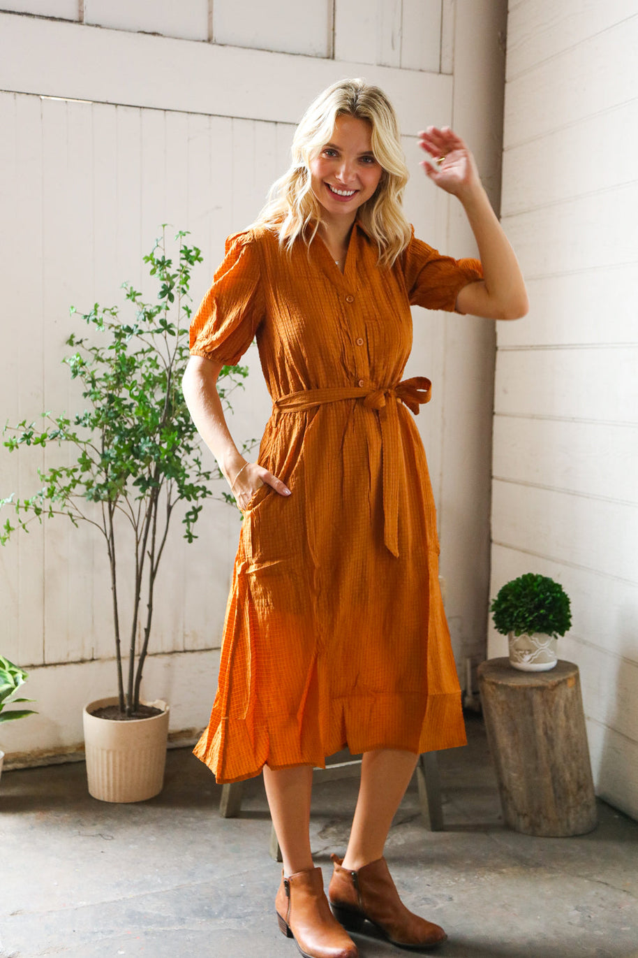 Elegant You Rust Textured Short Sleeve Tie Belt Dress-And The Why-[option4]-[option5]-[option6]-[option7]-[option8]-Shop-Boutique-Clothing-for-Women-Online