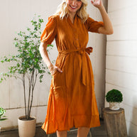Elegant You Rust Textured Short Sleeve Tie Belt Dress-And The Why-[option4]-[option5]-[option6]-[option7]-[option8]-Shop-Boutique-Clothing-for-Women-Online