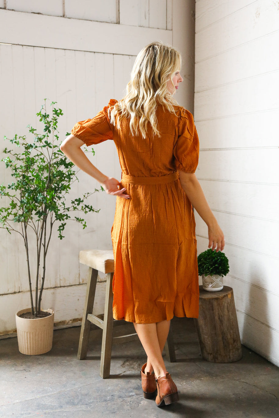 Elegant You Rust Textured Short Sleeve Tie Belt Dress-And The Why-[option4]-[option5]-[option6]-[option7]-[option8]-Shop-Boutique-Clothing-for-Women-Online