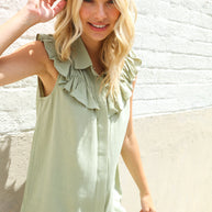 Feeling Femme' Olive Linen Ruffle Collar Botton Down Top-First Love-[option4]-[option5]-[option6]-[option7]-[option8]-Shop-Boutique-Clothing-for-Women-Online