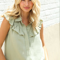 Feeling Femme' Olive Linen Ruffle Collar Botton Down Top-First Love-[option4]-[option5]-[option6]-[option7]-[option8]-Shop-Boutique-Clothing-for-Women-Online