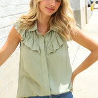 Feeling Femme' Olive Linen Ruffle Collar Botton Down Top-First Love-[option4]-[option5]-[option6]-[option7]-[option8]-Shop-Boutique-Clothing-for-Women-Online