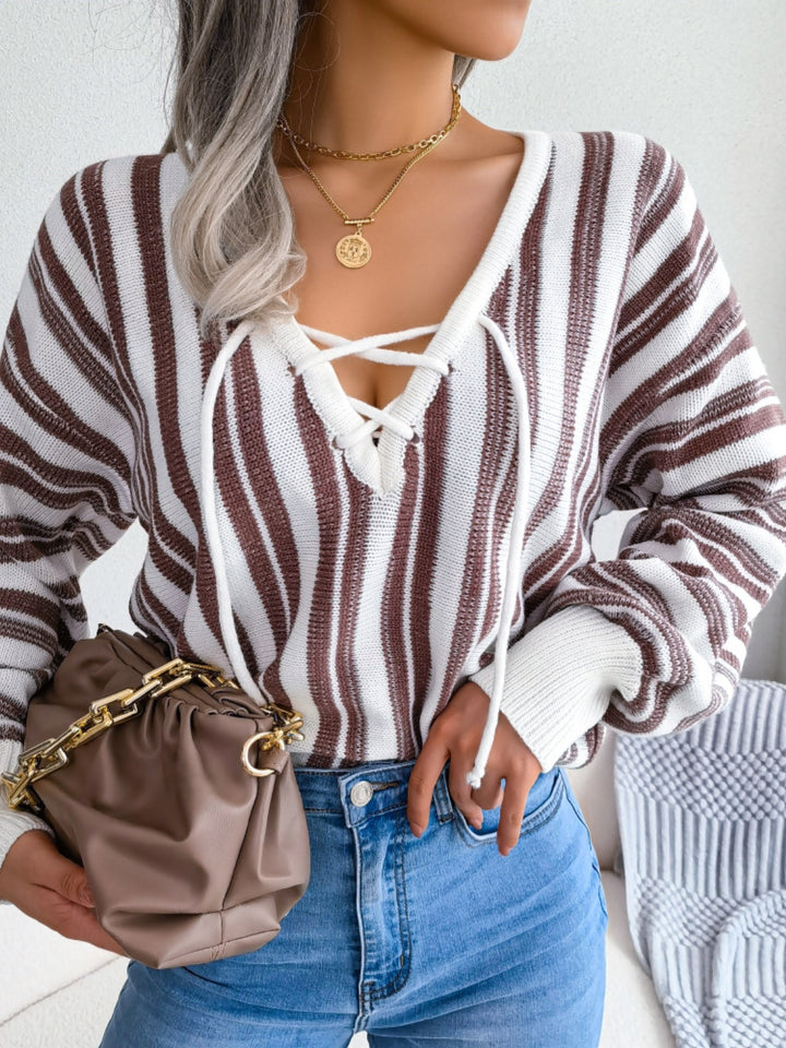 Striped Lace-Up Long Sleeve Sweater-Trendsi-[option4]-[option5]-[option6]-[option7]-[option8]-Shop-Boutique-Clothing-for-Women-Online