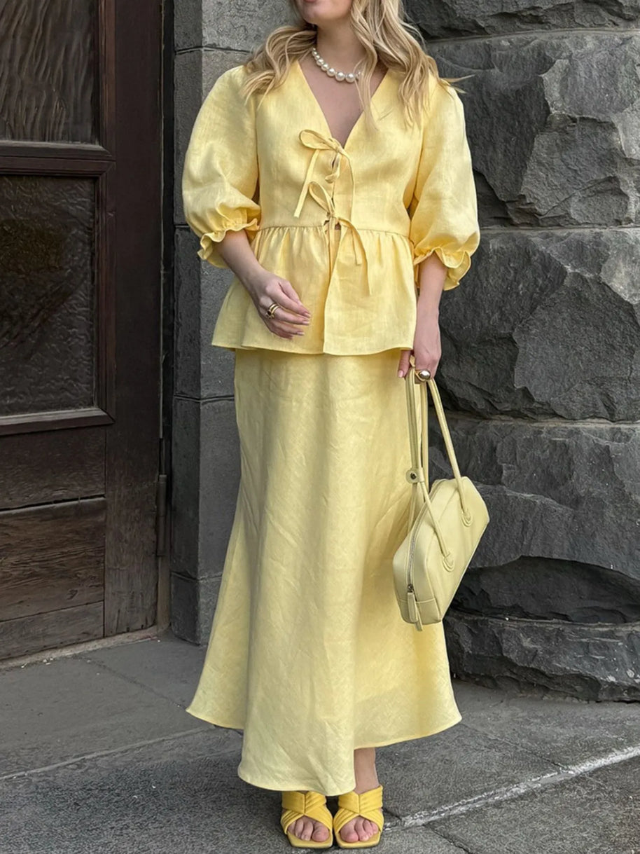 Tie Front Peplum Top and Skirt Set-Sets-Trendsi-[option4]-[option5]-[option6]-[option7]-[option8]-Shop-Boutique-Clothing-for-Women-Online