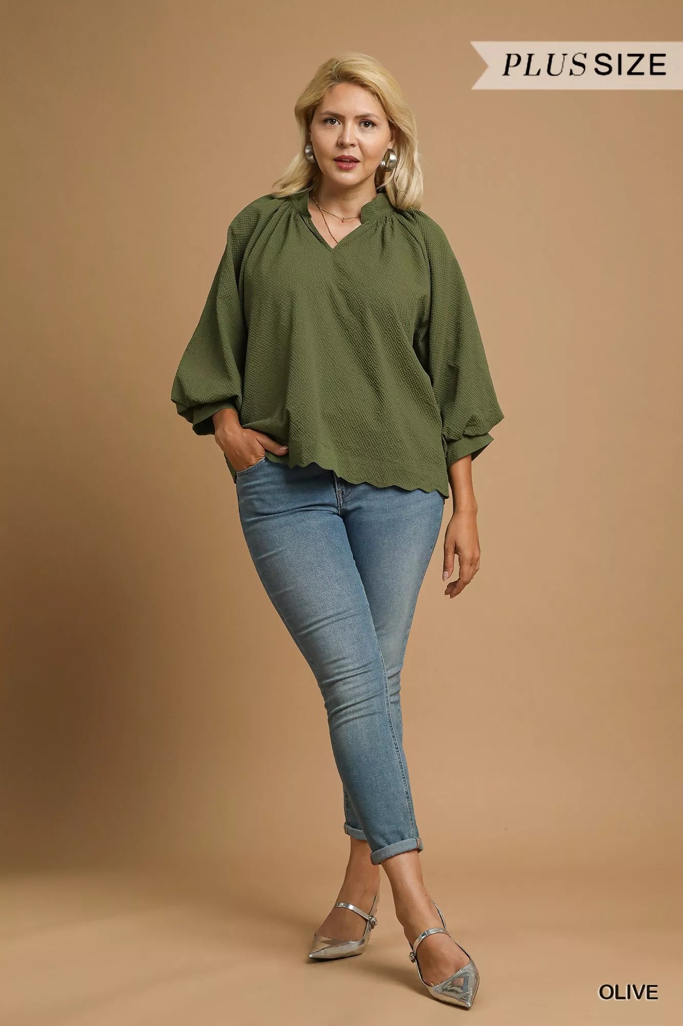 Textured Notched Balloon Sleeve Blouse-Blouses-Trendsi-[option4]-[option5]-[option6]-[option7]-[option8]-Shop-Boutique-Clothing-for-Women-Online